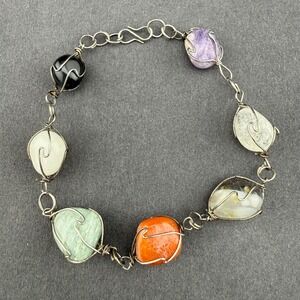 Silver Tone Bracelet Multi Gemstone Wire Wrapped Tumbled Stone Artisan Boho